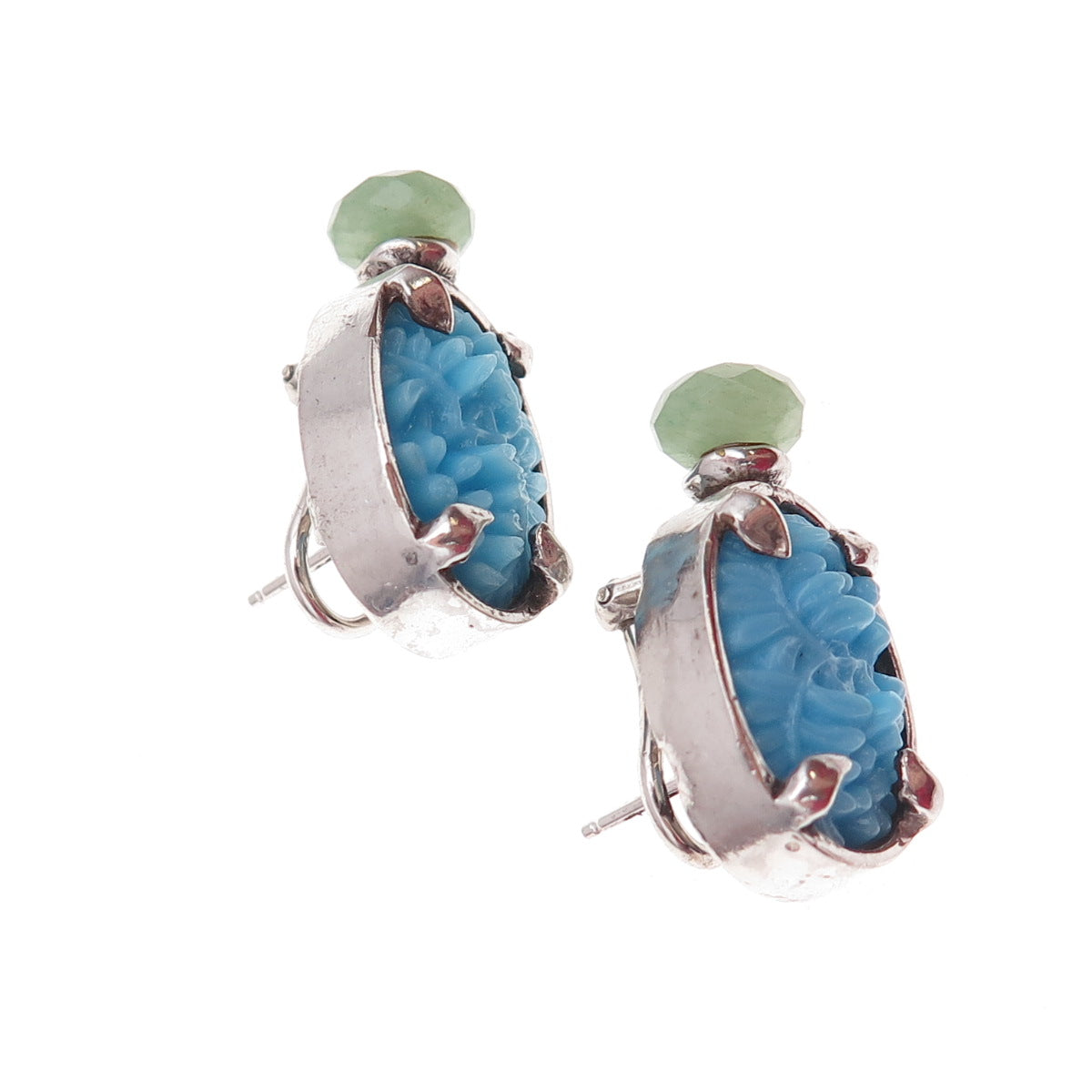 925 Sterling Silver Vintage Real Turquoise Aventurine Floral Omega Back Earrings