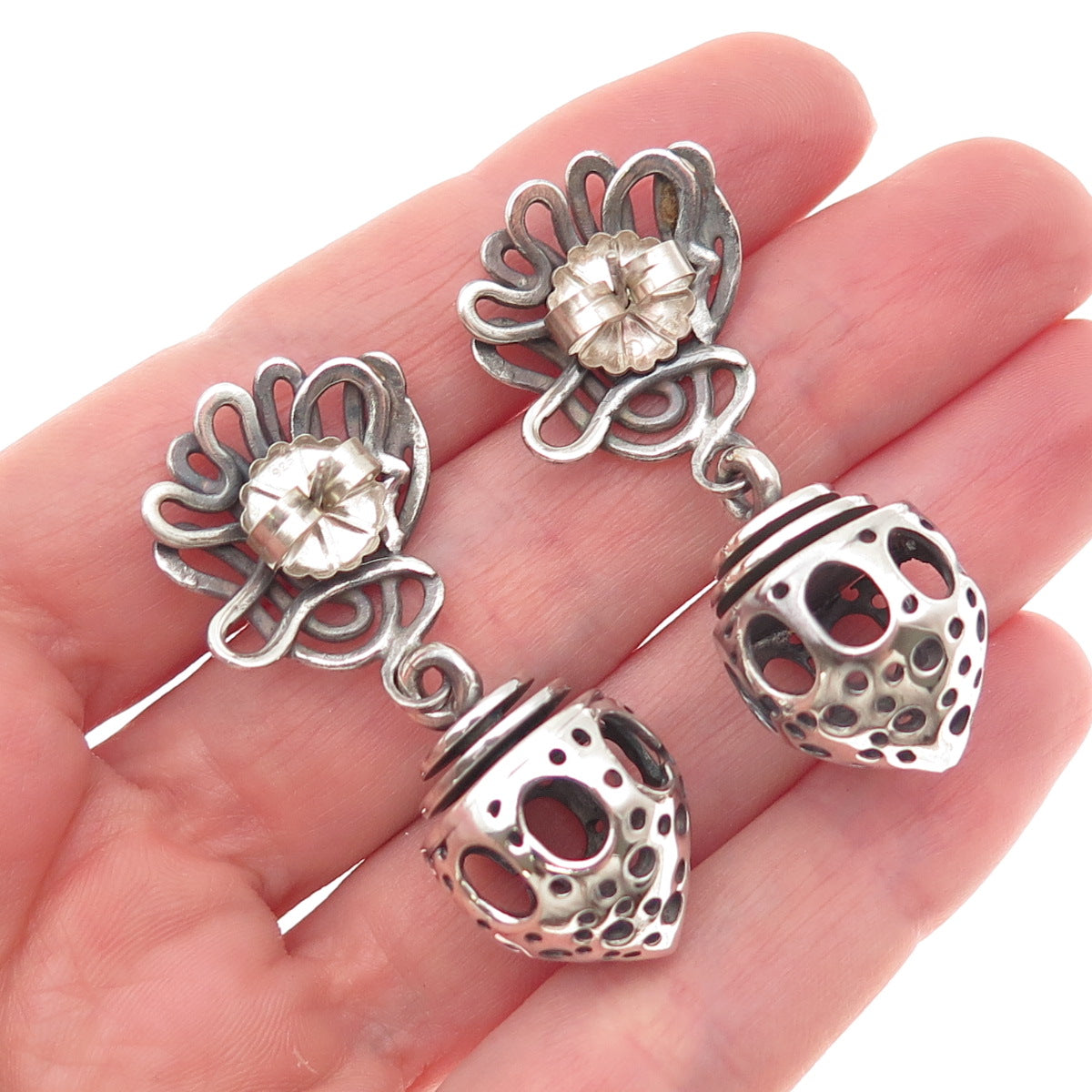 925 Sterling Silver Vintage Modernist Oxidized Bead Dangle Earrings