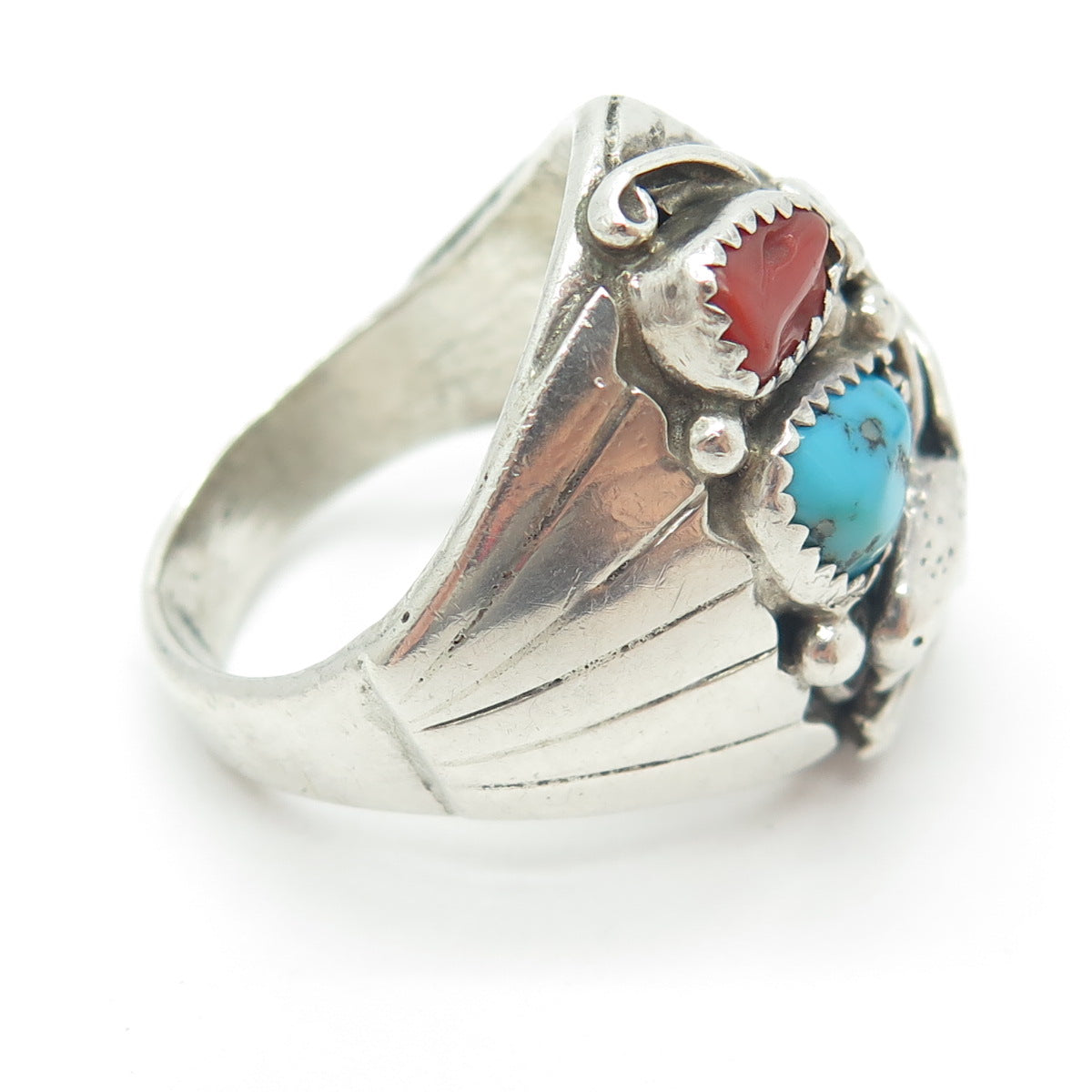 REX ABEITA NAVAJO Old Pawn Sterling Silver Turquoise & Coral Eagle Ring Size 11