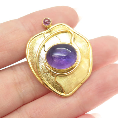 ELIZABETH PRIOR 925 Sterling Gold Plated Vintage Amethyst Modernist Pin Pendant