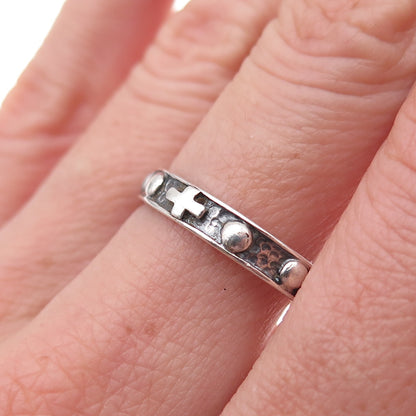 925 Sterling Silver Vintage Cross Beaded All Around Hammered Band Ring Size 8.75