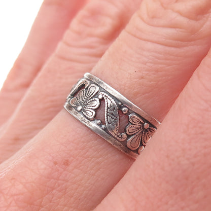 Uncas 925 Sterling Silver Antique Art Deco Floral Oxidized Band Ring Size 7