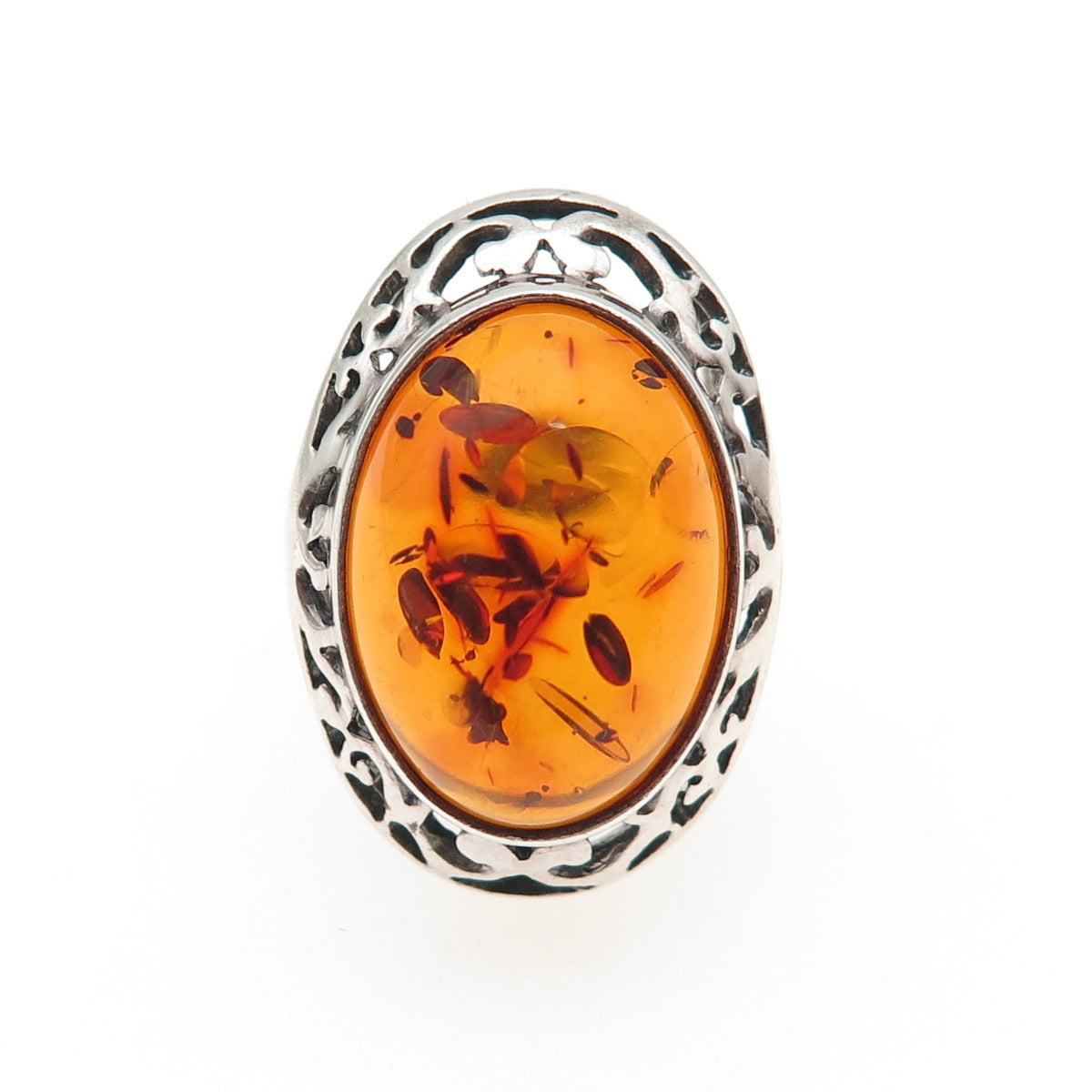 VALERIO V8 925 Sterling Silver Vintage Poland Real Amber Modernist Ring Size 6