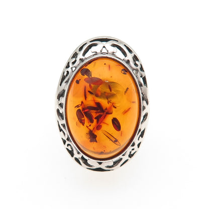 VALERIO V8 925 Sterling Silver Vintage Poland Real Amber Modernist Ring Size 6