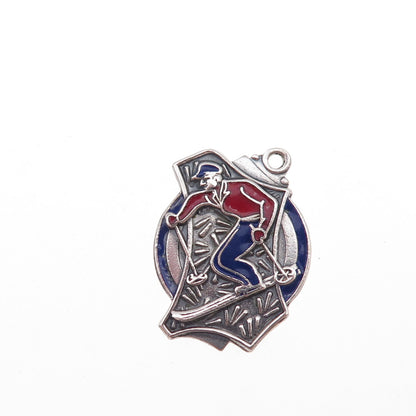 925 Sterling Silver Vintage Enamel Downhill Skier Oxidized Charm Pendant