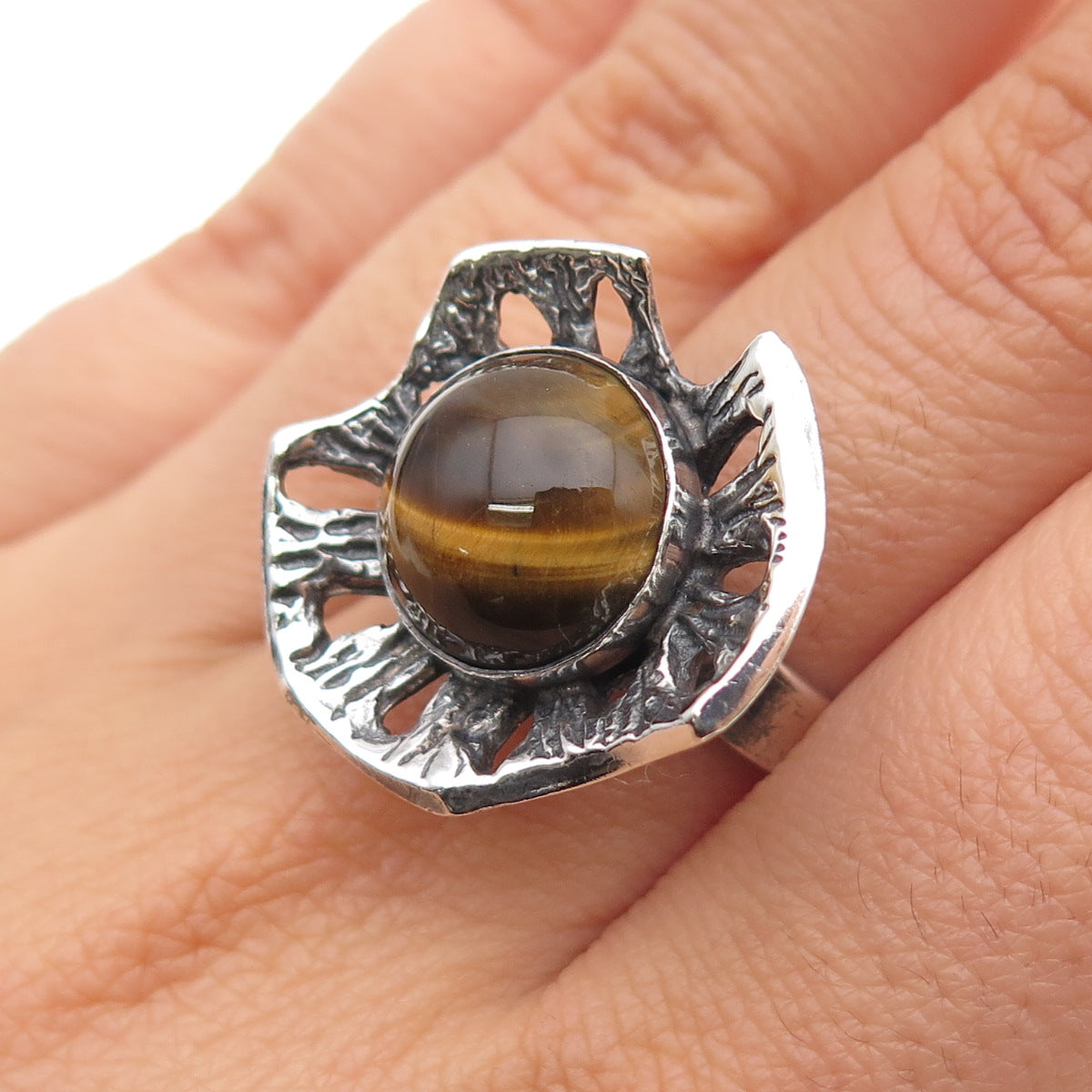 925 Sterling Vintage Israel Real Tiger Eye Modernist Adjustable Ring Size 7.75