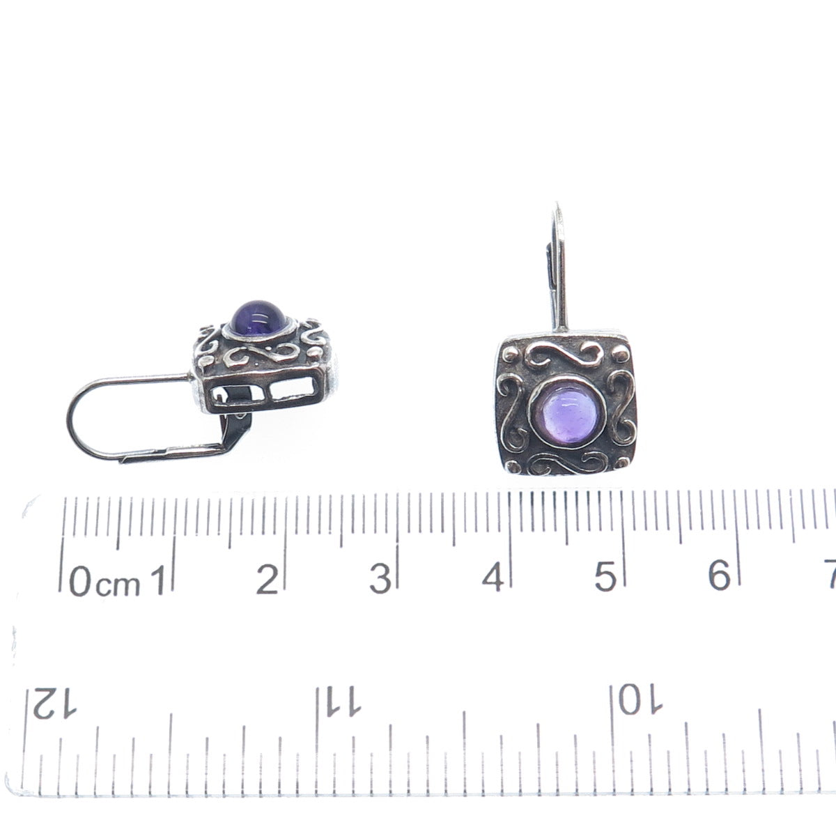 925 Sterling Silver Vintage Real Amethyst Modernist Swirl Oxidized Earrings