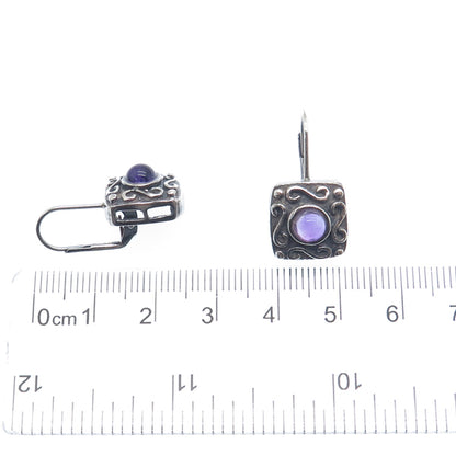 925 Sterling Silver Vintage Real Amethyst Modernist Swirl Oxidized Earrings
