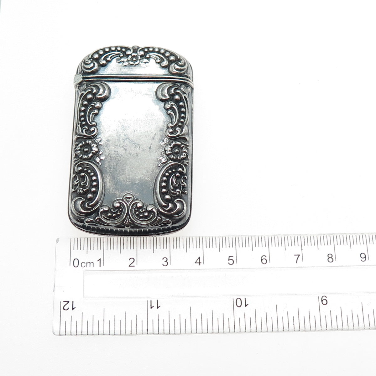 925 Sterling Silver Antique Art Deco Floral Repousse Oxidized Vesta Match Case