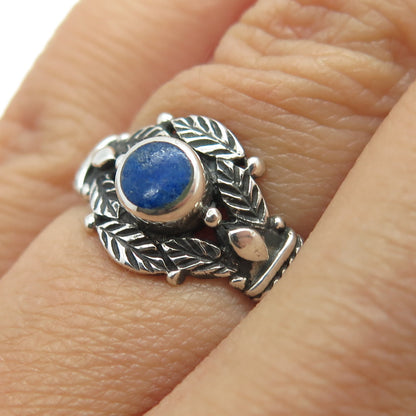 925 Sterling Silver Vintage Real Lapis Lazuli Gemstone Leaf Ring Size 6.5