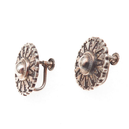 925 Sterling Silver Antique Art Deco Sun Shield Oxidized Screw Back Earrings