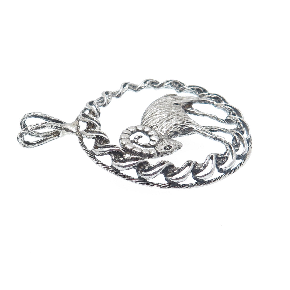 925 Sterling Silver Vintage Aries Zodiac Sign Oxidized Pendant