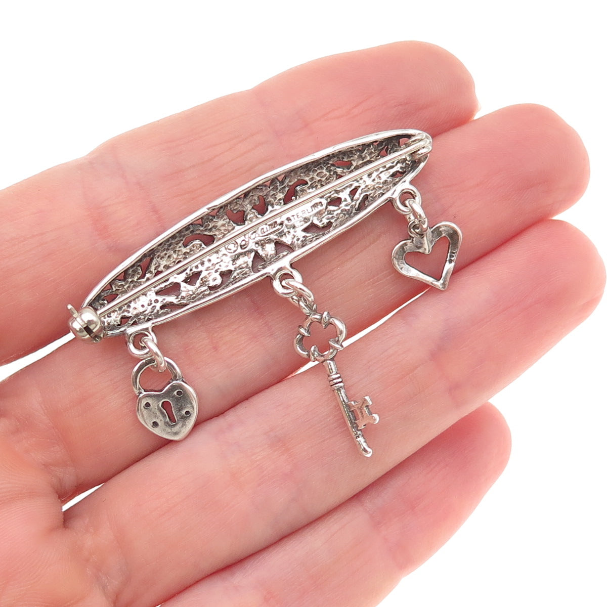 Jezlaine Sterling Silver Vintage Heart Lock Key Dangle Charm Floral Pin Brooch