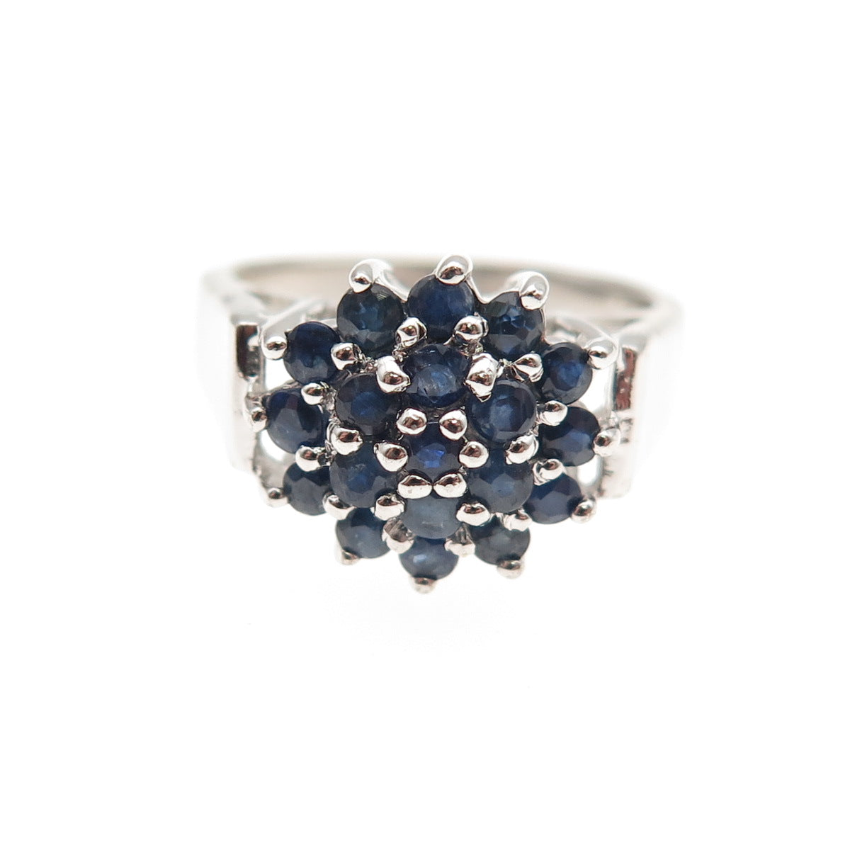 925 Sterling Silver Real Round-Cut Sapphire Floral Ring Size 5