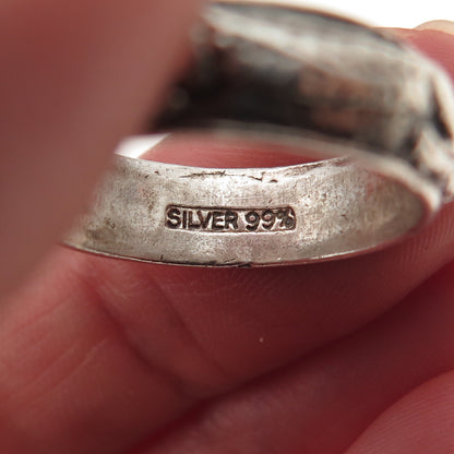 999 Fine Silver Antique Art Deco Chinese Dragon Oxidized Band Ring Size 8.75