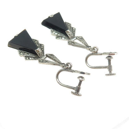 925 Sterling Silver Antique Art Deco Real Onyx & Marcasite Screw Back Earrings