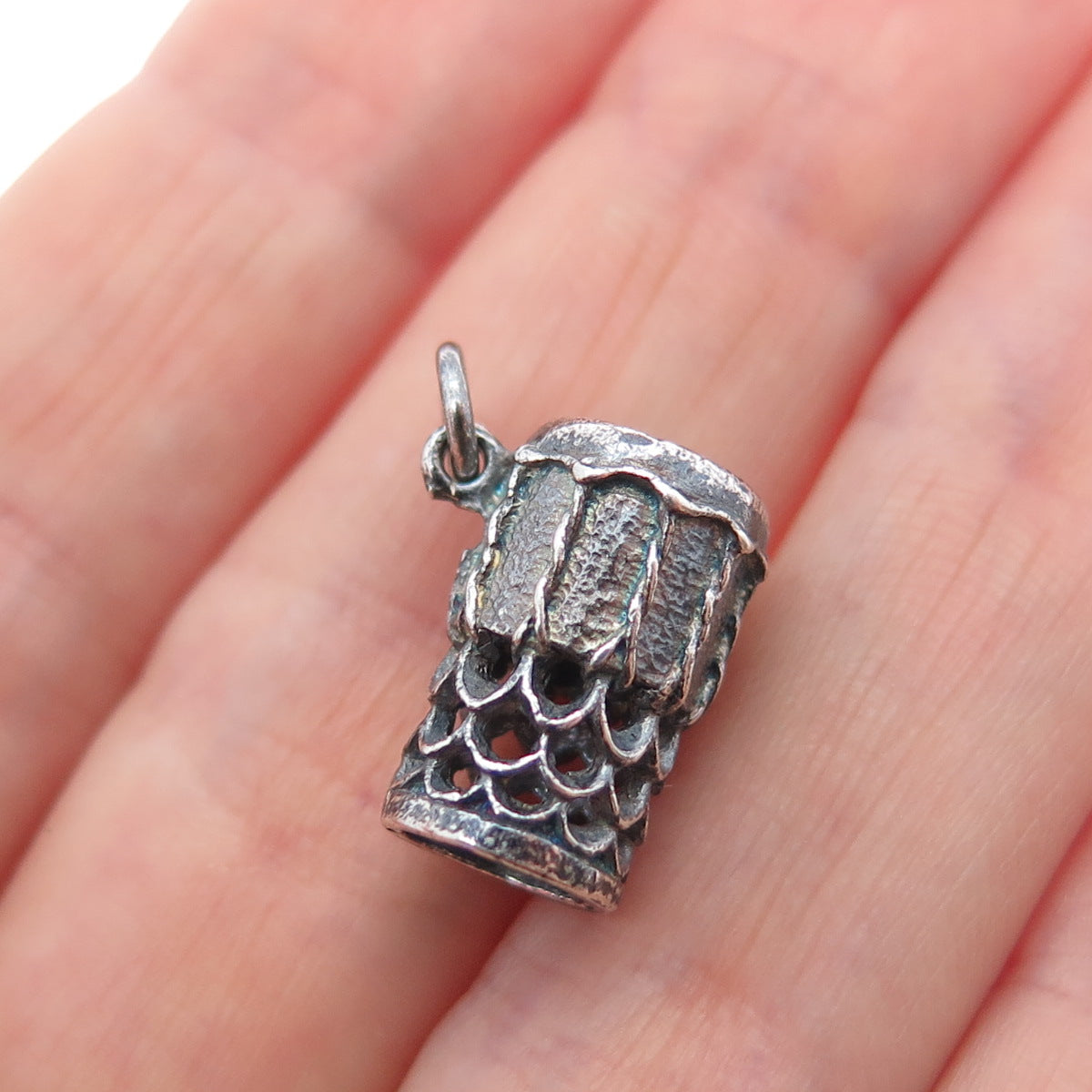 925 Sterling Silver Vintage Ethnic Drum Oxidized Minimalist 3D Charm Pendant