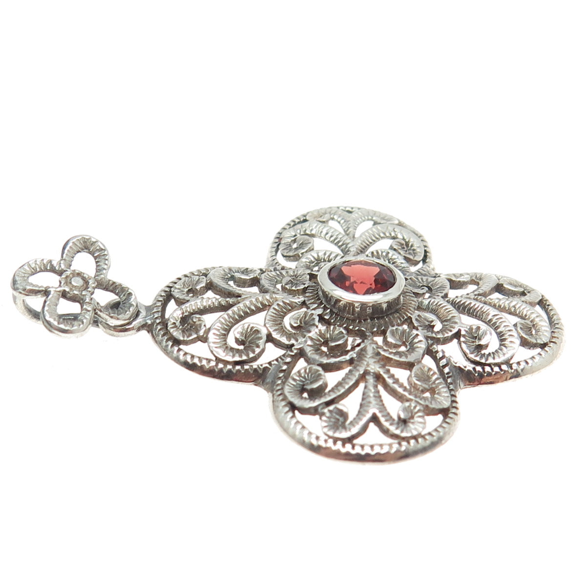 CHAPAL ZENRAY 925 Sterling Silver Vintage Real Red Garnet Floral Pendant