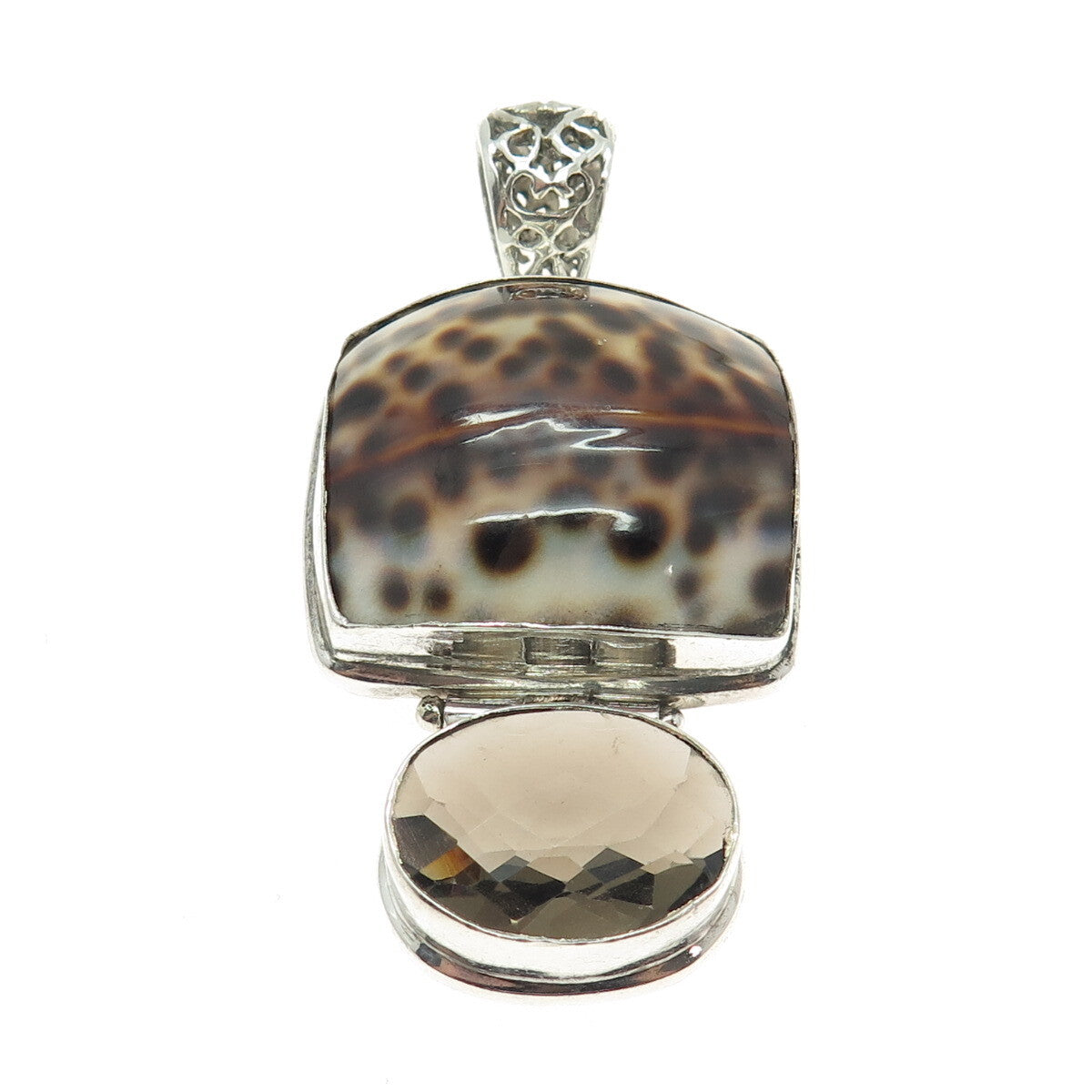 925 Sterling Silver Vintage Real Seashell & Smoky Quartz Modernist Pendant