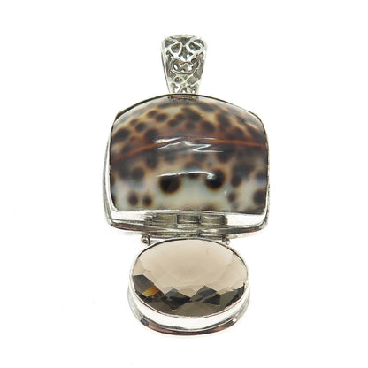 925 Sterling Silver Vintage Real Seashell & Smoky Quartz Modernist Pendant