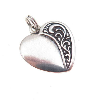925 Sterling Silver Vintage Floral Scroll Heart Oxidized Charm Pendant