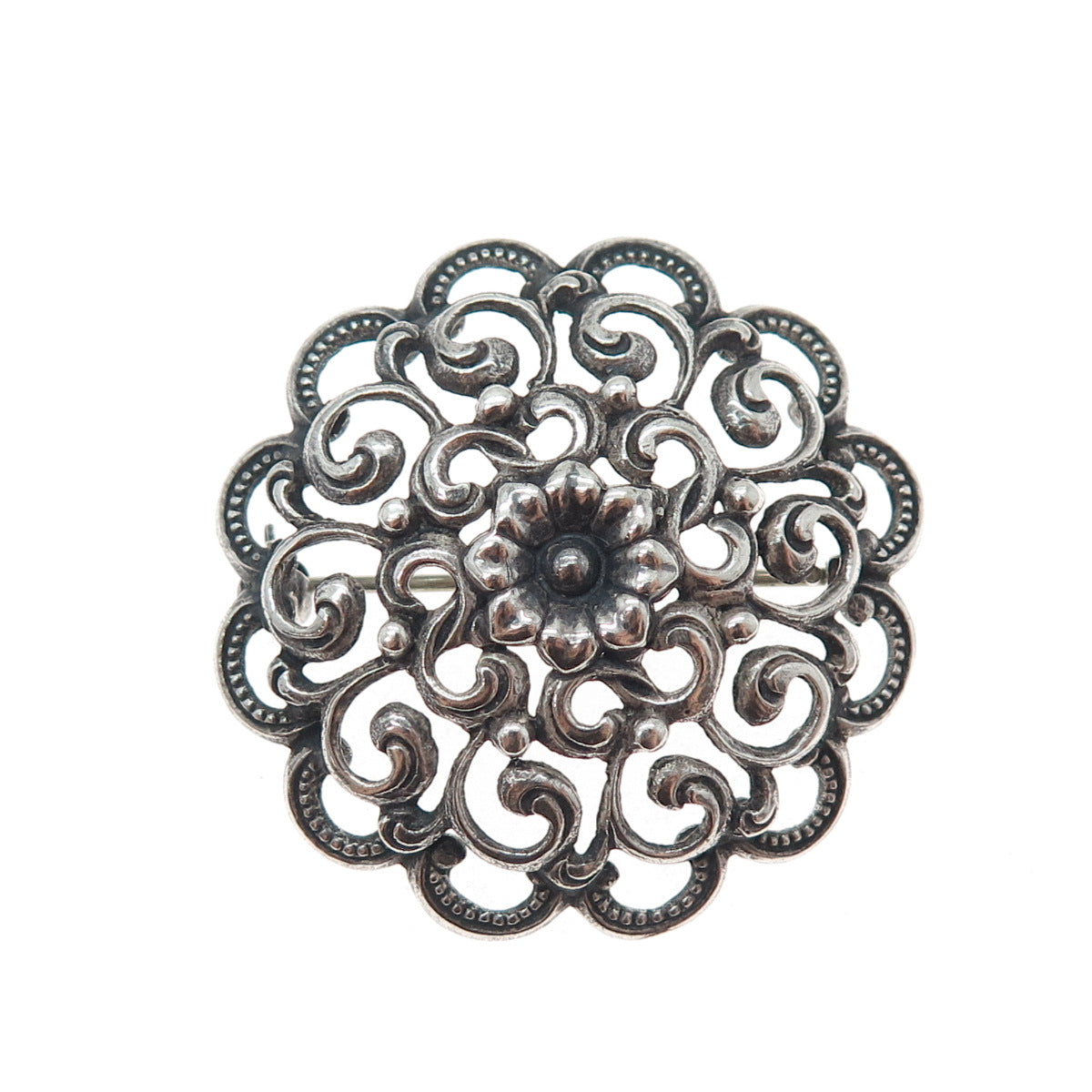 800 Silver Antique European Flower Swirl Oxidized Pin Brooch