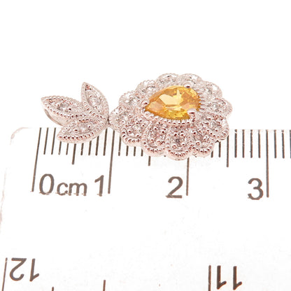 925 Sterling Silver Canary & White C Z Floral Teardrop Slide Charm Pendant