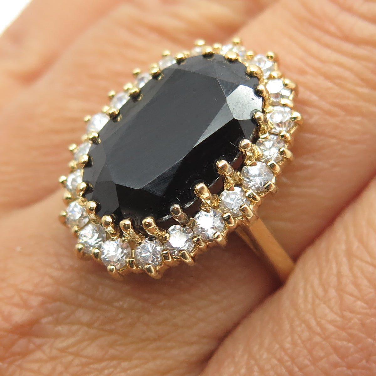 925 Sterling Silver Gold Plated Real Black Spinel & C Z Ring Size 9