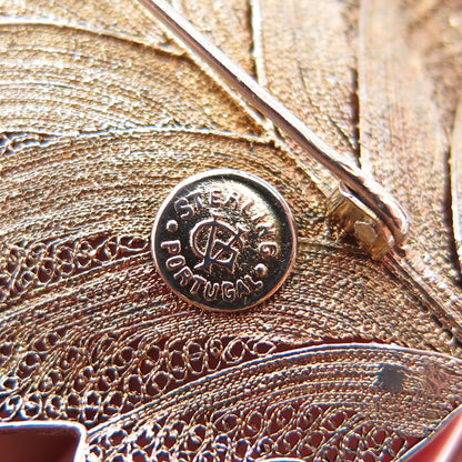 925 Sterling Silver Gold Plated Vintage GV Portugal Filigree Floral Leaf Brooch