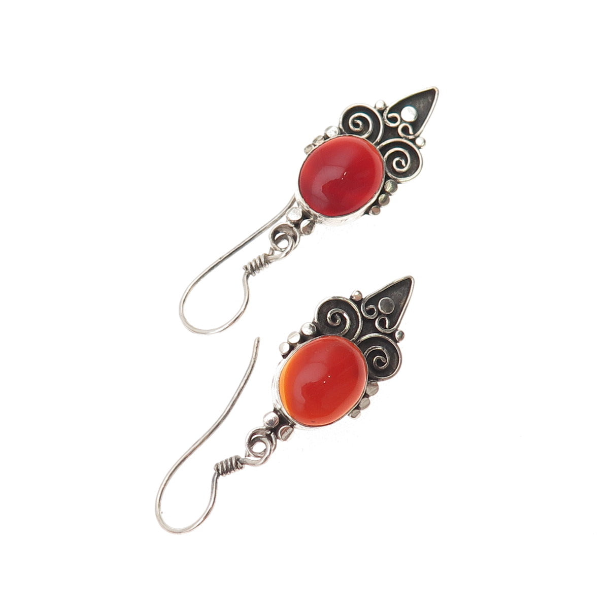 925 Sterling Silver Vintage Real Carnelian Floral Heart Oxidized Dangle Earrings