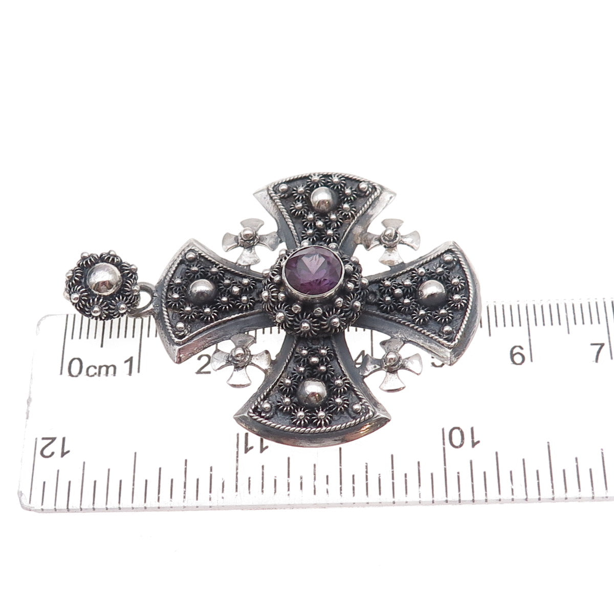 925 Sterling Silver Vintage Lab-Created Peacock Sapphire Jerusalem Cross Pendant