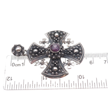 925 Sterling Silver Vintage Lab-Created Peacock Sapphire Jerusalem Cross Pendant