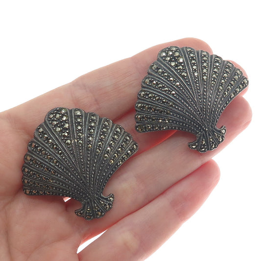 JUDITH JACK 925 Sterling Silver Vintage Real Marcasite Shell Omega Back Earrings