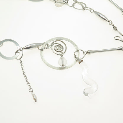 D.L. RIDGE 925 Sterling Silver Vintage Clear Glass Modernist Chain Necklace 40"