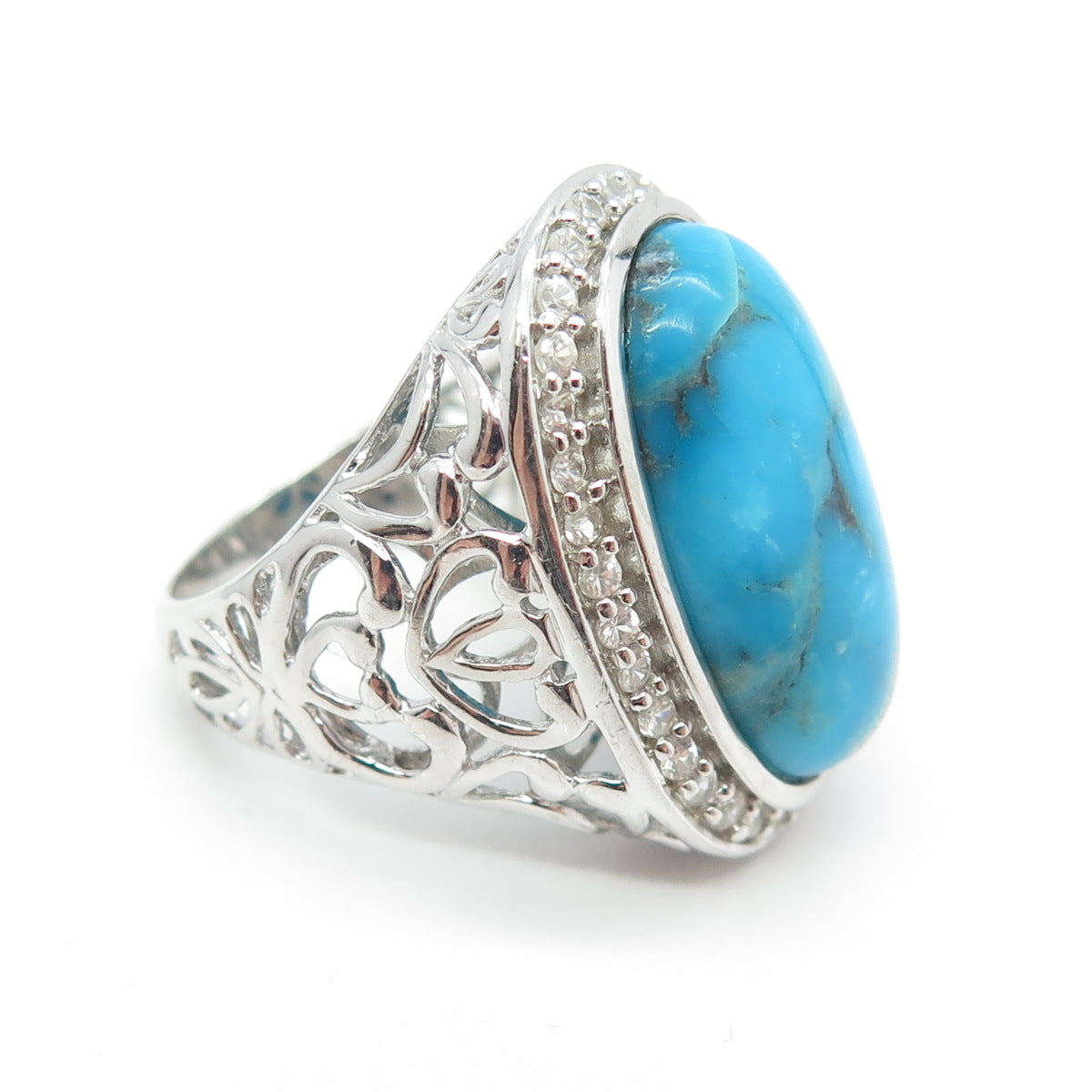 925 Sterling Silver Real Turquoise & White Topaz Ornate Ring Size 6.25