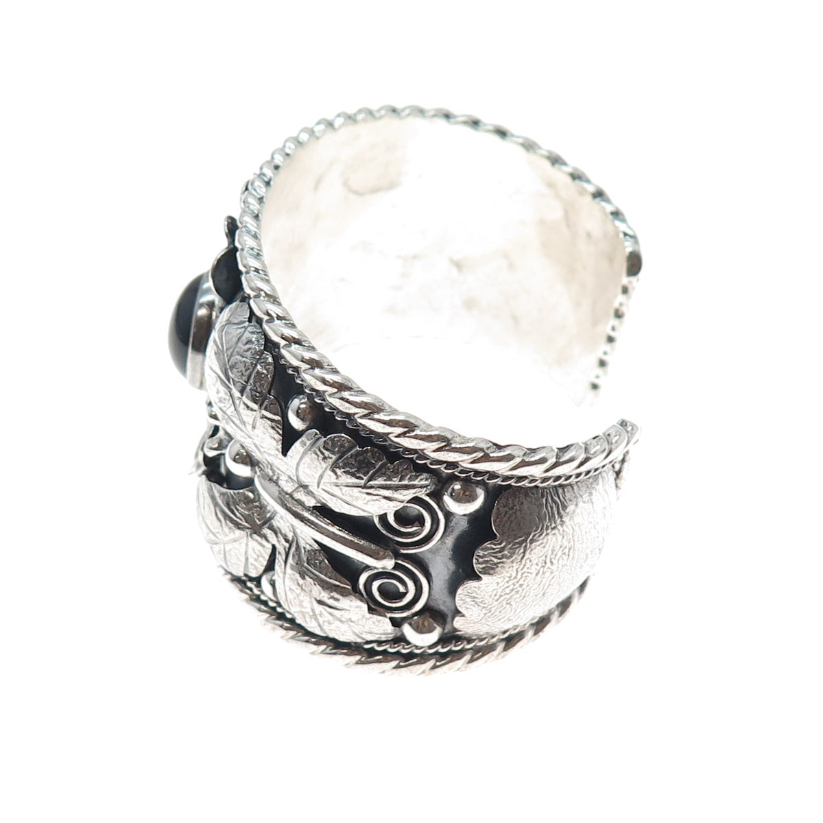 925 Sterling Silver Vintage PTP Mexico Black Onyx Heavy 85.5g Flower Bracelet 7"
