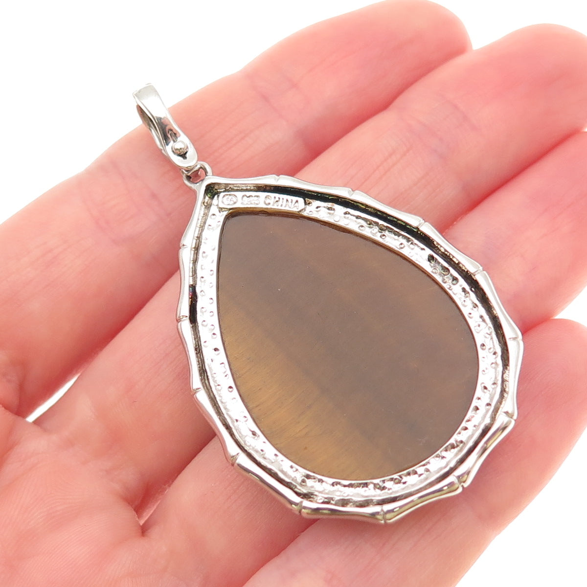 925 Sterling Silver Vintage Real Tiger Eye Bamboo Teardrop Pendant