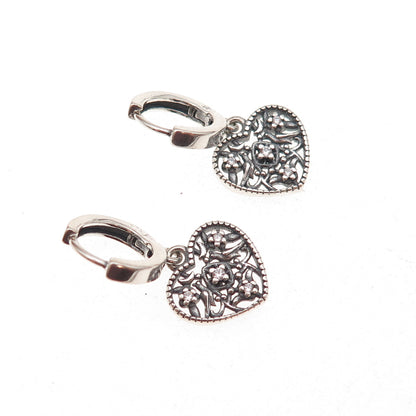925 Sterling Silver Vintage C Z Heart Oxidized Dangle Earrings