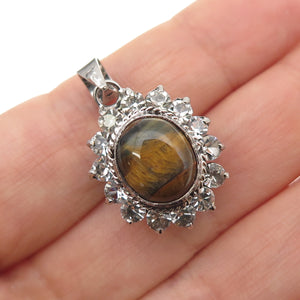 925 Sterling Silver Vintage Real Tiger Eye & Rhinestone Oxidized Charm Pendant