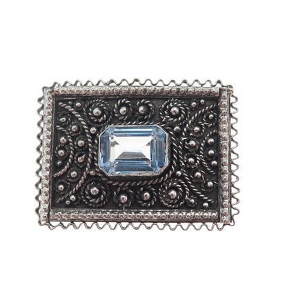 925 Sterling Silver Vintage Jerusalem Israel Real Blue Topaz Oxidized Pin Brooch