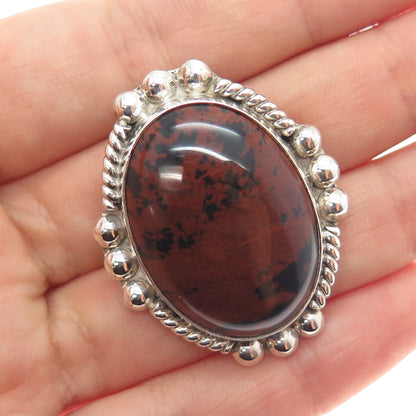925 Sterling Silver Vintage Mexico Real Mahogany Obsidian Pin Brooch / Pendant