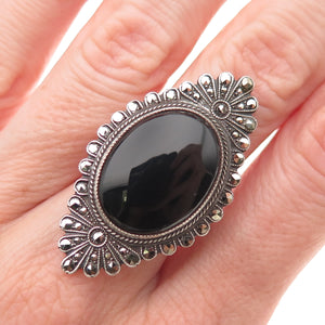 925 Sterling Silver Antique Art Deco Real Black Onyx & Marcasite Ring Size 6.5