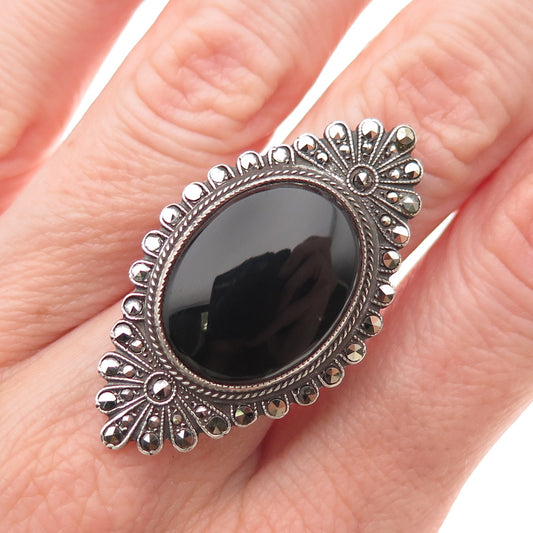 925 Sterling Silver Antique Art Deco Real Black Onyx & Marcasite Ring Size 6.5