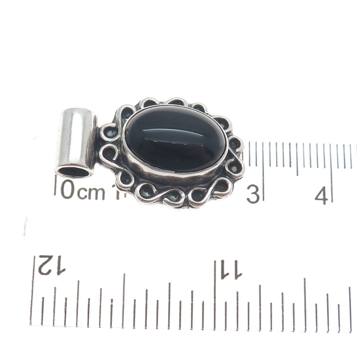925 Sterling Silver Vintage Real Black Onyx Floral Oxidized Slide Pendant