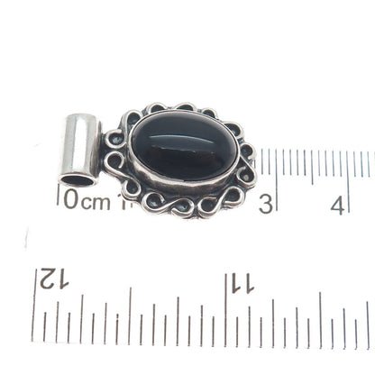 925 Sterling Silver Vintage Real Black Onyx Floral Oxidized Slide Pendant