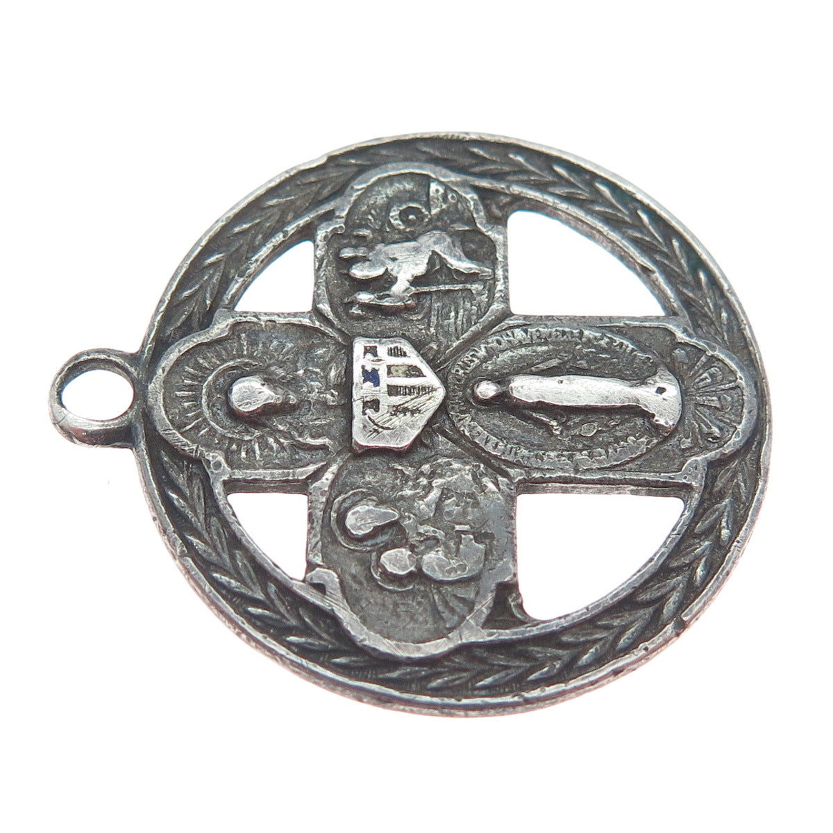 925 Sterling Silver Antique Art Deco 4-Way Cross Medal Oxidized Charm Pendant