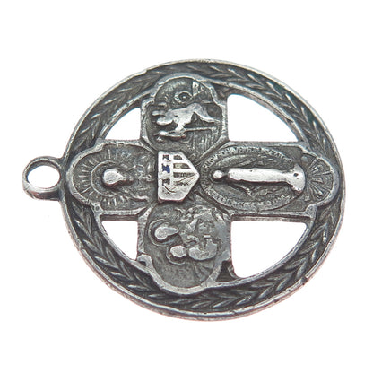 925 Sterling Silver Antique Art Deco 4-Way Cross Medal Oxidized Charm Pendant