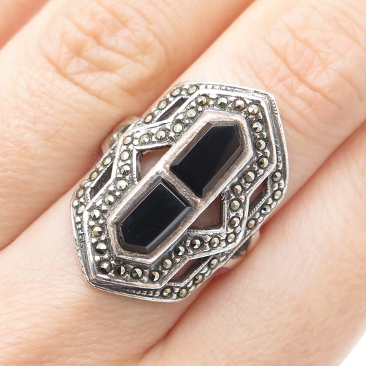 925 Sterling Silver Vintage Real Black Onyx & Marcasite Oxidized Ring Size 7.5