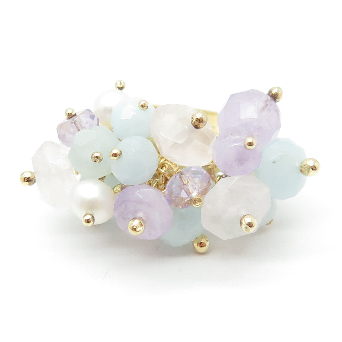 DALIA 925 Sterling Gold Plated Pearl Quartz Amethyst & Aquamarine Ring Size 9.75