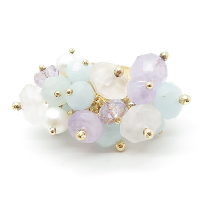 DALIA 925 Sterling Gold Plated Pearl Quartz Amethyst & Aquamarine Ring Size 9.75
